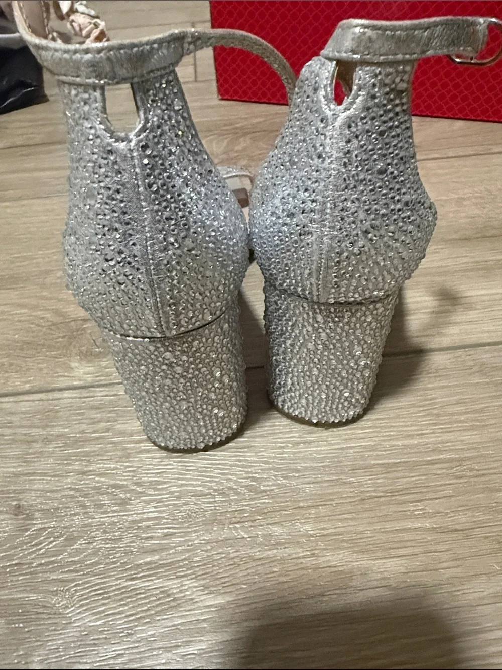 Kelly & Katie Silver Glitter Ankle-Strap Block Heels